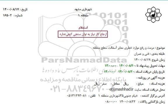 استعلام مرمت و رفع موارد خطری معابر آسفالت سطح منطقه