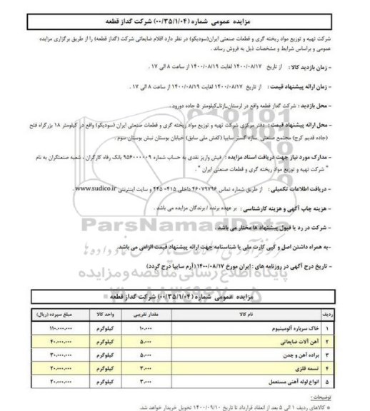 مزایده اقلام ضایعاتی شرکت (گداز قطعه) 