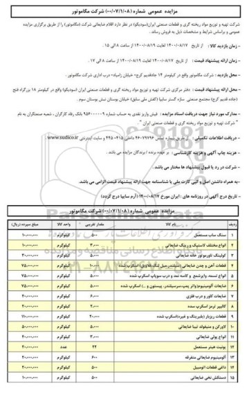 مزایده،مزایده اقلام ضایعاتی شرکت (مگاموتور) 