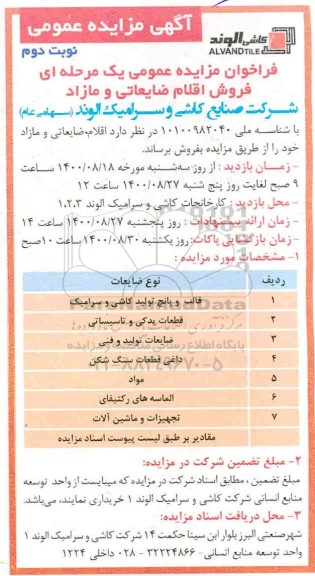 فراخوان مزایده فروش اقلام ضایعاتی و مازاد نوبت دوم