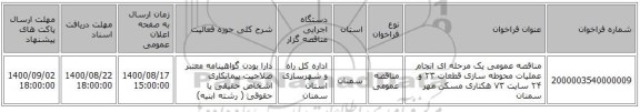 مناقصه عمومی یک مرحله ای انجام عملیات محوطه سازی قطعات ۲۳ و ۲۴ سایت ۷۳ هکتاری مسکن مهر سمنان