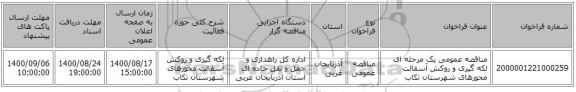 مناقصه عمومی یک مرحله ای لکه گیری و روکش آسفالت محورهای شهرستان تکاب