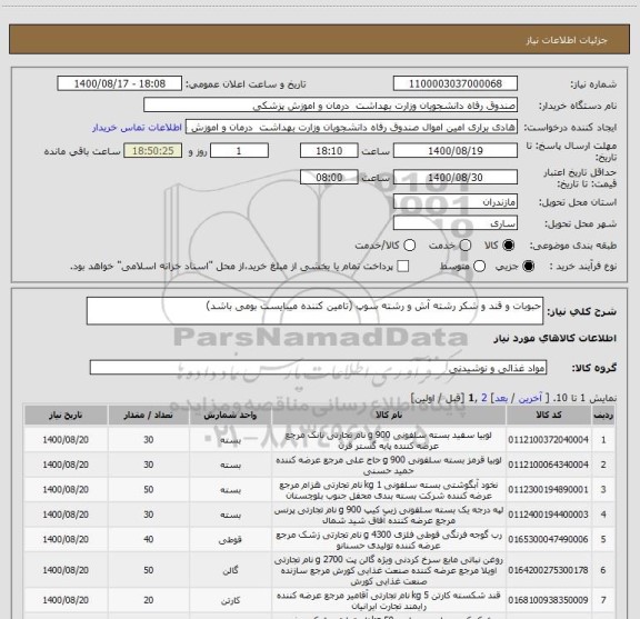 استعلام حبوبات و قند و شکر رشته آش و رشته سوپ (تامین کننده میبایست بومی باشد) ، سایت ستاد