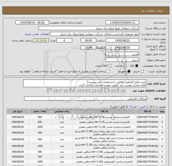 استعلام خرید انواع کابلشو (مطابق با مشخصات فنی پیوست) ، سامانه تدارکات الکترونیکی دولت