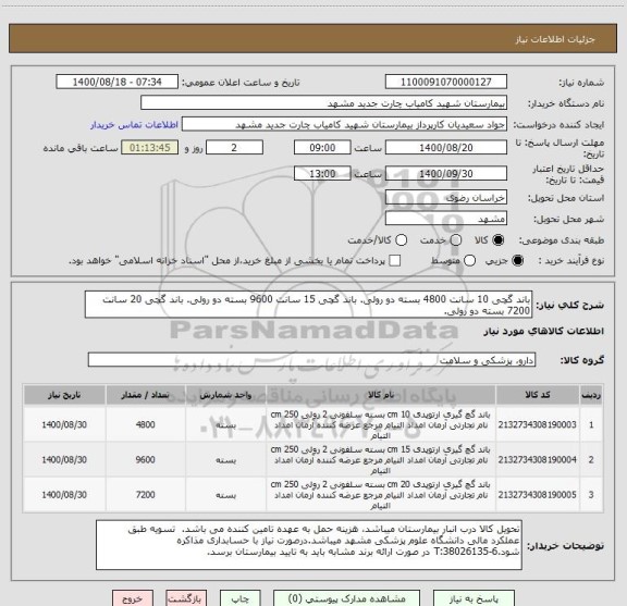 استعلام باند گچی 10 سانت 4800 بسته دو رولی. باند گچی 15 سانت 9600 بسته دو رولی. باند گچی 20 سانت 7200 بسته دو رولی.