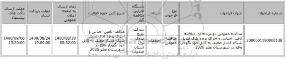 مناقصه عمومی دو مرحله ای مناقصه تامین اجناس و اجرای پروژه های تبدیل شبکه فشار ضعیف به کابل خود نگهدار واقع در شهرستان نطنز 2026
