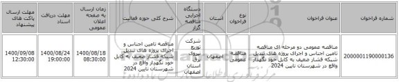 مناقصه عمومی دو مرحله ای مناقصه تامین اجناس و اجرای پروژه های تبدیل شبکه فشار ضعیف به کابل خود نگهدار واقع در شهرستان نایین  2024