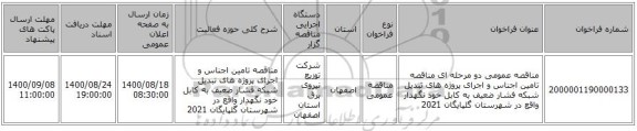 مناقصه عمومی دو مرحله ای مناقصه تامین اجناس و اجرای پروژه های تبدیل شبکه فشار ضعیف به کابل خود نگهدار واقع در شهرستان گلپایگان  2021