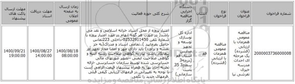 مناقصه عمومی همزمان با ارزیابی (فشرده) یک مرحله ای احداث مدرسه خیری تفرشی نیا