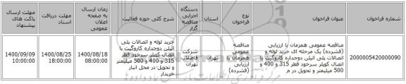 مناقصه عمومی همزمان با ارزیابی (فشرده) یک مرحله ای خرید لوله و اتصالات پلی اتیلن دوجداره کاروگیت با اتصال کوپلر سرخود قطر 315 و 400 و 500 میلیمتر و تحویل در م