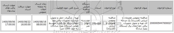 مناقصه عمومی همزمان با ارزیابی (فشرده) یک مرحله ای تهیه و تحویل تجهیزات برقی خط انتقال برق ایستگاه پمپاژ شادگا