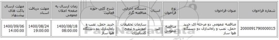 مناقصه عمومی دو مرحله ای خرید حمل، نصب و راه‌اندازی دو دستگاه هوا ساز  