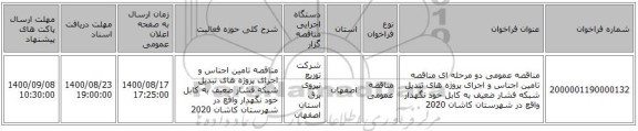 مناقصه عمومی دو مرحله ای مناقصه تامین اجناس و اجرای پروژه های تبدیل شبکه فشار ضعیف به کابل خود نگهدار واقع در شهرستان کاشان 2020