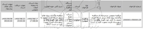 مناقصه عمومی دو مرحله ای مناقصه واگذاری  پروژه های تبدیل شبکه فشار ضعیف به کابل خود نگهدار واقع در شهرستان فریدن  بصورت کلید در دست 2017