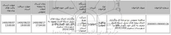 مناقصه عمومی دو مرحله ای واگذاری اجرای پروژه های تبدیل شبکه فشار ضعیف به کابل خود نگهدار واقع در شهرستان سمیرم 2014/1400