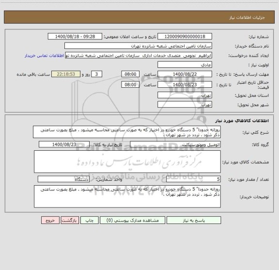 استعلام روزانه حدودا" 5 دستگاه خودرو در اختیار که به صورت ساعتی محاسبه میشود . مبلغ بصورت ساعتی ذکر شود . تردد در شهر تهران . 