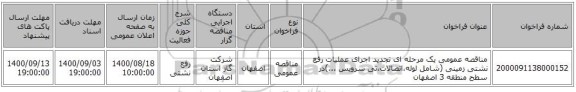 مناقصه عمومی یک مرحله ای تجدید اجرای عملیات رفع نشتی زمینی (شامل لوله،اتصالات،تی سرویس ...)در سطح منطقه 3 اصفهان