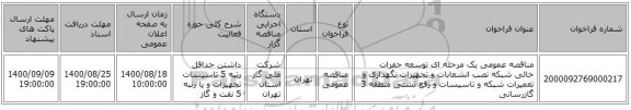 مناقصه عمومی یک مرحله ای توسعه حفرات خالی شبکه نصب انشعابات و تجهیزات نگهداری و تعمیرات شبکه و تاسیسات و رفع نشتی منطقه 3 گازرسانی