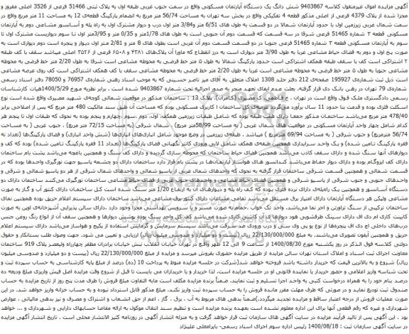 آگهی مزایده شش دانگ یک دستگاه آپارتمان مسکونی واقع در سمت جنوب غربی طبقه اول به پلاک ثبتی 51466 فرعی از 3526 اصلی