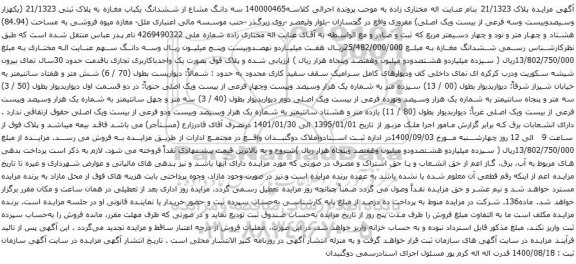 آگهی مزایده ششدانگ یکباب مغازه به پلاک ثبتی 21/1323 