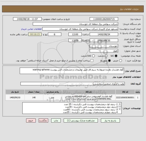 استعلام گوی هشدار دهنده مربوط به سیم فاز طبق توضیحات و مشخصات فنی پیوست warning spheres 