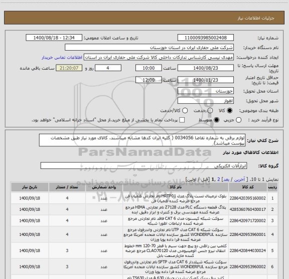 استعلام لوازم برقی به شماره تقاضا 0034056 ( کلیه ایران کدها مشابه میباشند، کالای مورد نیاز طبق مشخصات پیوست میباشد)