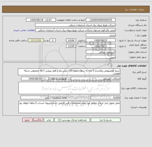 استعلام سیم آلومینیومی روکشدار 3 لایه به سطح مقطع 120 میلی متر و قطر بیرونی 26.7 مخصوص شبکه هوایی