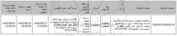 مناقصه عمومی دو مرحله ای واگذاری اجرای پروژه های تبدیل شبکه فشار ضعیف به کابل خود نگهدار واقع در شهرستان خوروبیابانک 2012/1400