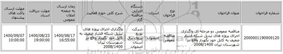 مناقصه عمومی دو مرحله ای واگذاری اجرای پروژه های تبدیل شبکه فشار ضعیف به کابل خود نگهدار واقع در شهرستان تیران 2008/1400
