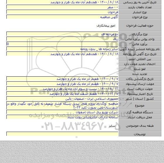 مناقصه واگذاری  پروژه های تبدیل شبکه فشار ضعیف به کابل خود نگهدار واقع در شهرستان نایین  بصورت کلید  ۲۰۲۴