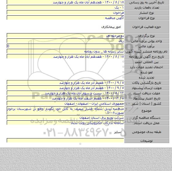 مناقصه  تبدیل شبکه فشار ضعیف به کابل خود نگهدار واقع در شهرستان برخوار بصورت۲۰۰۶