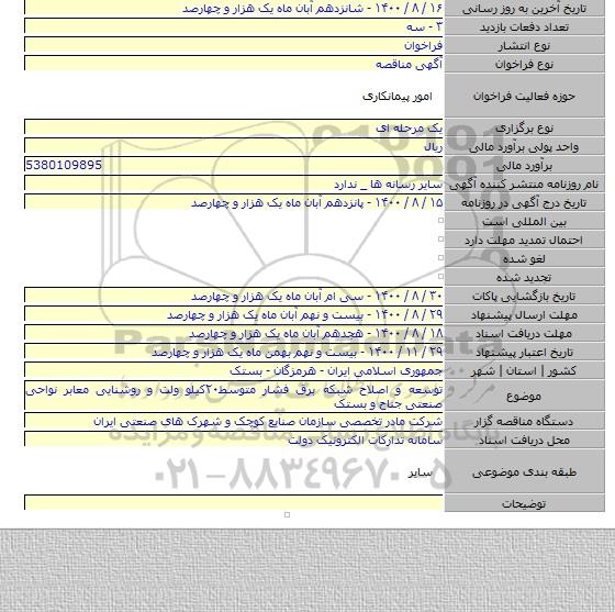 توسعه و اصلاح شبکه برق فشار متوسط۲۰کیلو ولت و روشنایی معابر نواحی صنعتی جناح و بستک