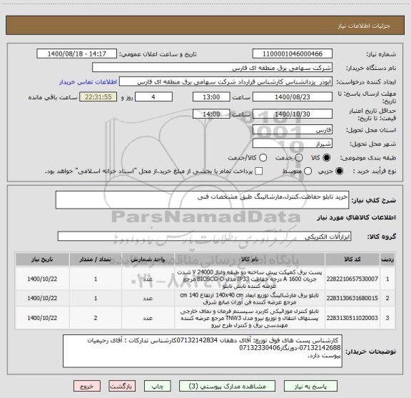 استعلام خرید تابلو حفاظت،کنترل،مارشالینگ طبق مشخصات فنی