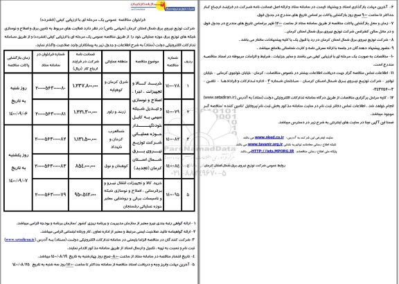 فراخوان مناقصه فعالیت های مربوط به تامین برق و اصلاح و نوسازی شبکه های توزیع برق ...