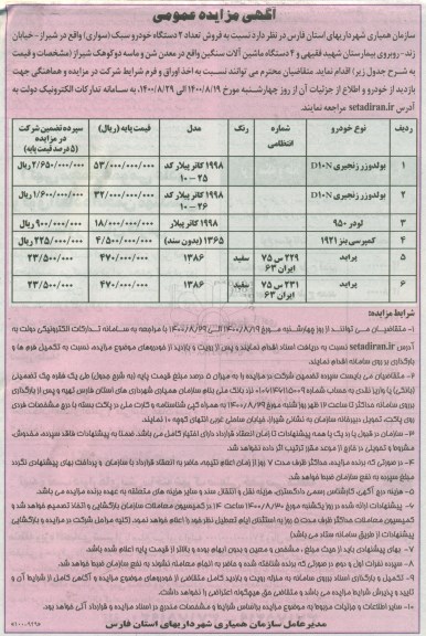 مزایده فروش تعداد 2 دستگاه خودرو سبک سواری ...