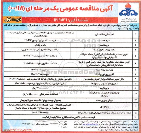 مناقصه خرید دستگاه ژنراتور گاز سوز 460kv
