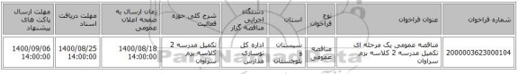 مناقصه عمومی یک مرحله ای تکمیل مدرسه 2 کلاسه بزم سراوان
