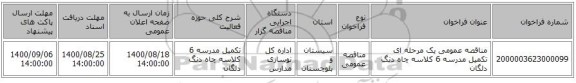 مناقصه عمومی یک مرحله ای تکمیل مدرسه 6 کلاسه چاه دنگ دلگان