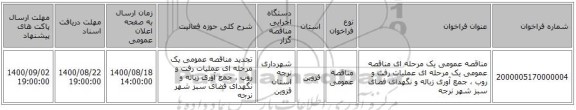 مناقصه عمومی یک مرحله ای مناقصه عمومی یک مرحله ای عملیات رفت و روب ، جمع آوری زباله و نگهدای فضای سبز شهر نرجه