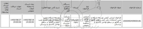 فراخوان ارزیابی کیفی توسعه شبکه و نصب انشعابات پلی اتیلن و نصب کنتور و رگلاتور در سطح نواحی  کاشمر و بردسکن