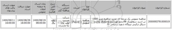 مناقصه عمومی یک مرحله ای تجدید مناقصه خرید 1500 تن اسید سولفوریک 98درصد مورد نیاز واحدهای بخار و سیکل ترکیبی نیروگاه شهید سلیمی نکا
