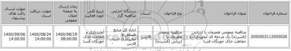 مناقصه عمومی همزمان با ارزیابی (فشرده) یک مرحله ای آبخیزداری و حفاظت خاک خورنگان فسا