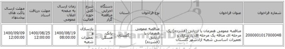 مناقصه عمومی همزمان با ارزیابی (فشرده) یک مرحله ای مناقه یک مرحله ای بازسازی و تعمیرات اساسی شعبه ازادشهر گلستان
