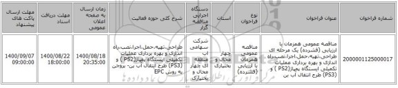 مناقصه عمومی همزمان با ارزیابی (فشرده) یک مرحله ای طراحی،تهیه،حمل،اجرا،نصب،راه اندازی و بهره برداری عملیات تکمیلی ایستگاه پمپاژ(PS2 ) و (PS3) طرح انتقال آب بن
