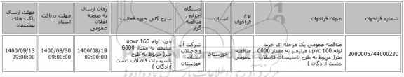 مناقصه عمومی یک مرحله ای خرید لوله upvc 160 میلیمتر به مقدار 6000 متر( مربوط به طرح تاسیسات فاضلاب دشت آزادگان ) 