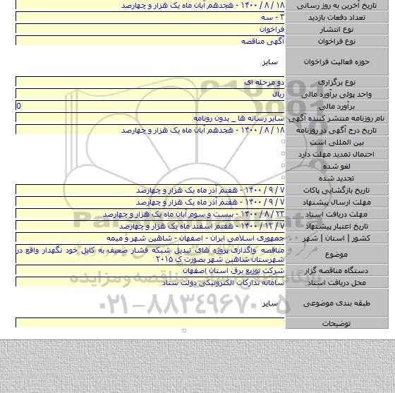 مناقصه واگذاری  پروژه های تبدیل شبکه فشار ضعیف به کابل خود نگهدار واقع در شهرستان شاهین شهر  بصورت ک ۲۰۱۵