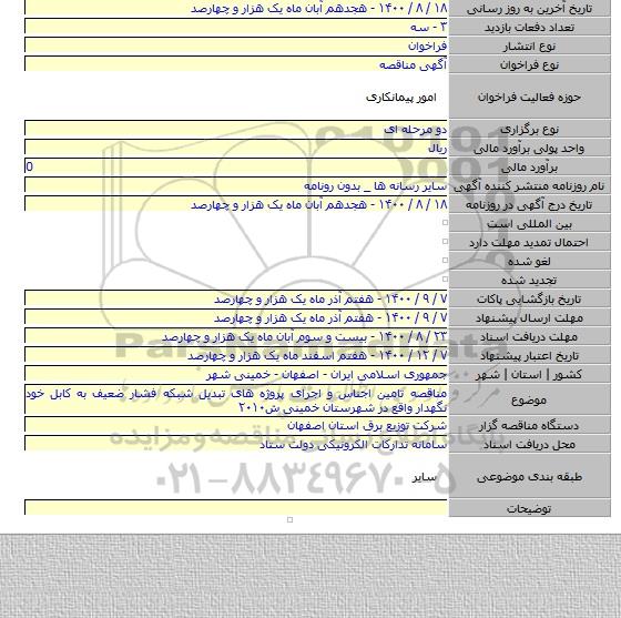 مناقصه تامین اجناس و اجرای پروژه های تبدیل شبکه فشار ضعیف به کابل خود نگهدار واقع در شهرستان خمینی ش۲۰۱۰