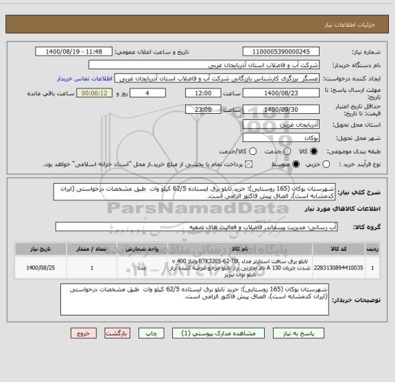استعلام شهرستان بوکان (165 روستایی): خرید تابلو برق ایستاده 62/5 کیلو وات  طبق مشخصات درخواستی (ایران کدمشابه است). الصاق پیش فاکتور الزامی است.