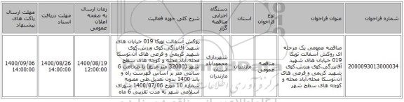 مناقصه عمومی یک مرحله ای روکش آسفالت توپکا 019 خیابان های شهید آقابزرگی،کوی ورزش،کوی شهید کریمی و فرعی های آن،توسکا محله،آباد محله و کوچه های سطح شهر 