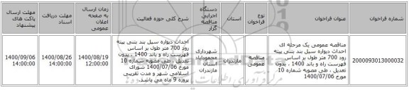 مناقصه عمومی یک مرحله ای احداث دیواره سیل بند بتنی پیته رود 700 متر طول بر اساس فهرست راه و باند 1400 ، بدون تعدیل ، طی مصوبه شماره 10 مورخ 1400/07/06